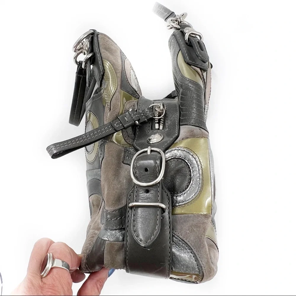 Coach Mia Inlaid C Maggie Leather & Suede Hobo Shoulder Bag, Gray/Silver/Lilac - Picture 12 of 17